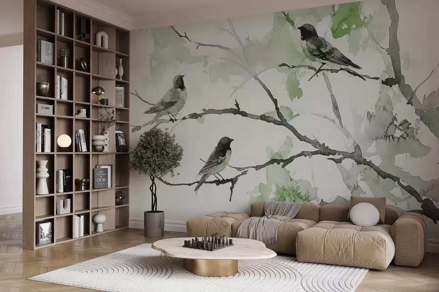wall murals Птице на гранама дрвећа у стилу акварела w09064v3