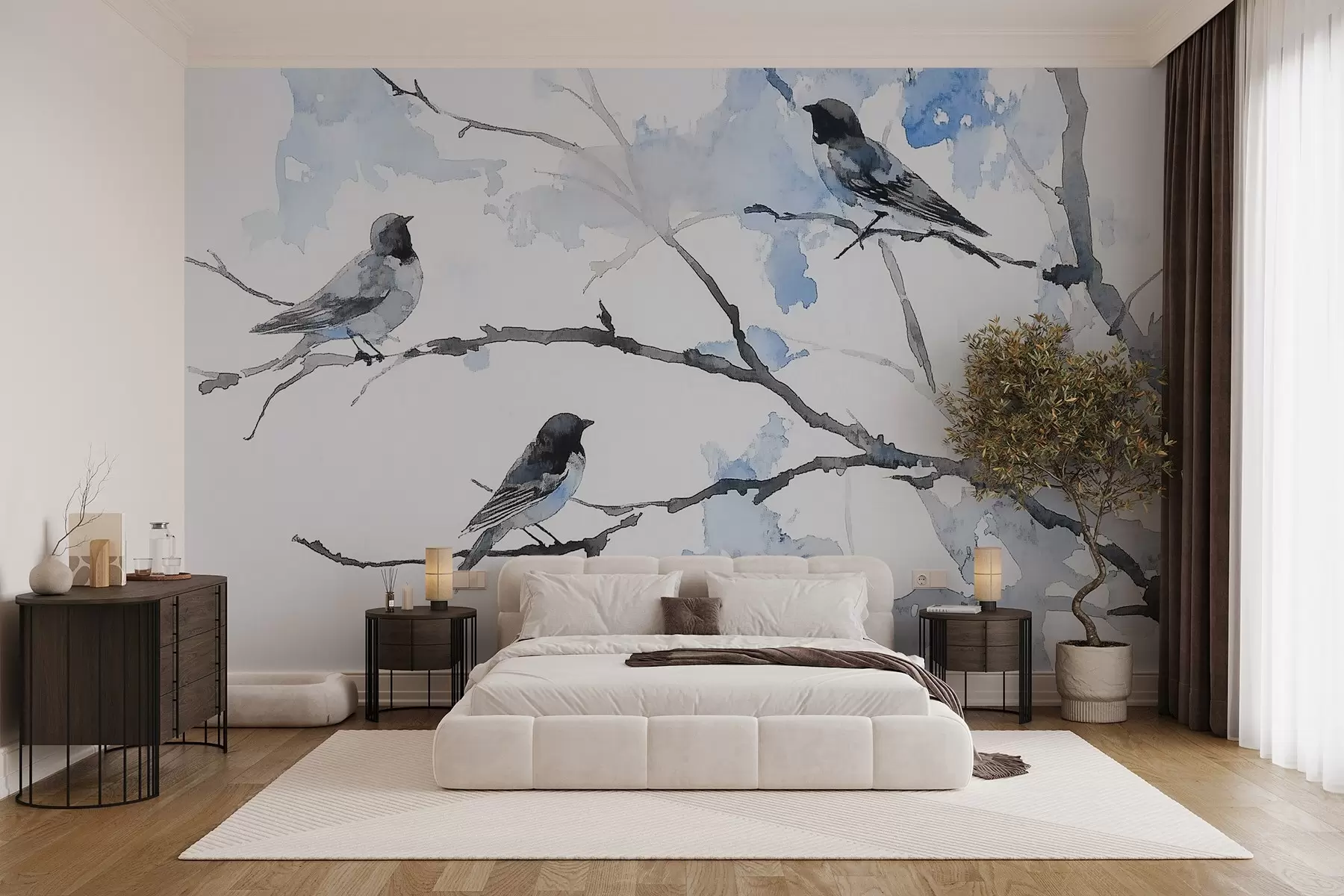 wall murals Птице на гранама дрвећа у стилу акварела w09064v4