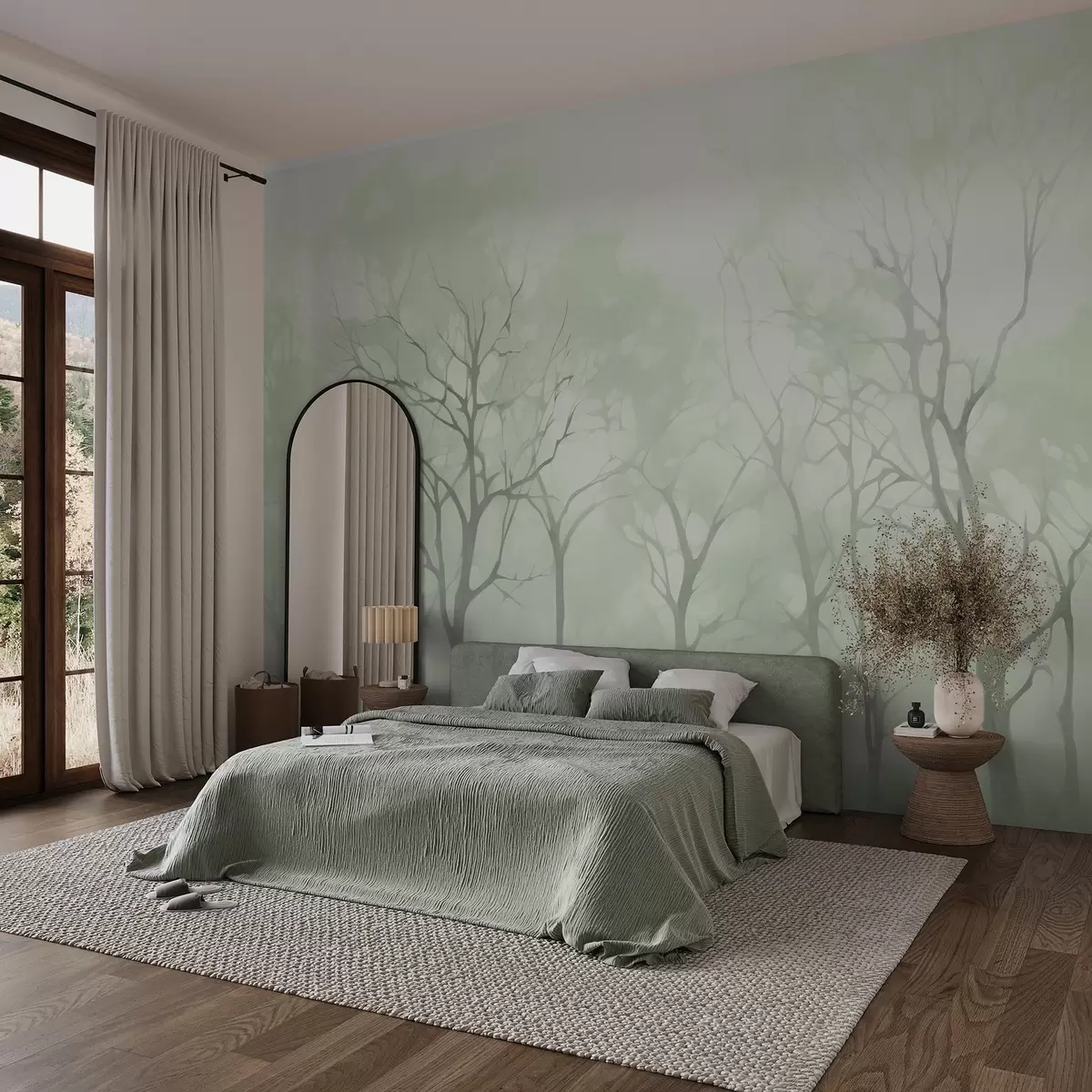 wall murals Једнобојна винтаге стабла у магли w09065v1