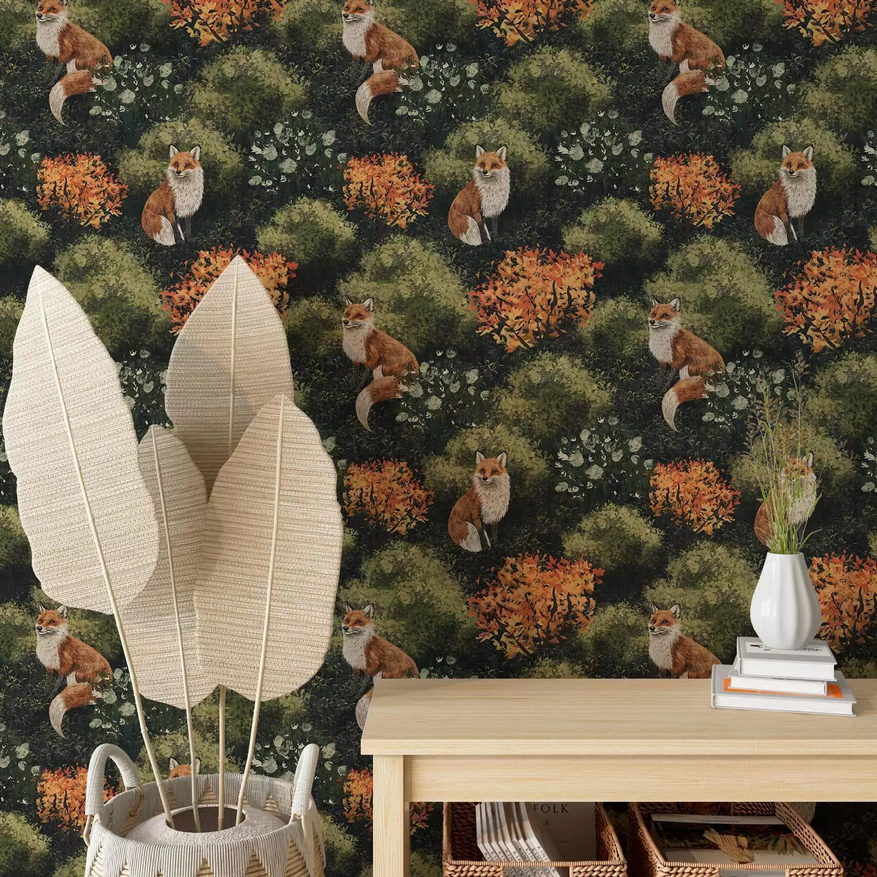 wall murals Лисичарке у шуми са јесењим грмљем на тамној позадини a00101