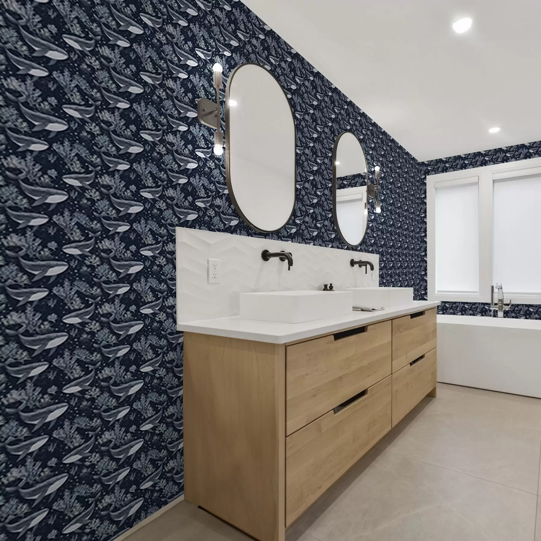 wall murals Китови и корали на тамно плавој позадини a00116v1