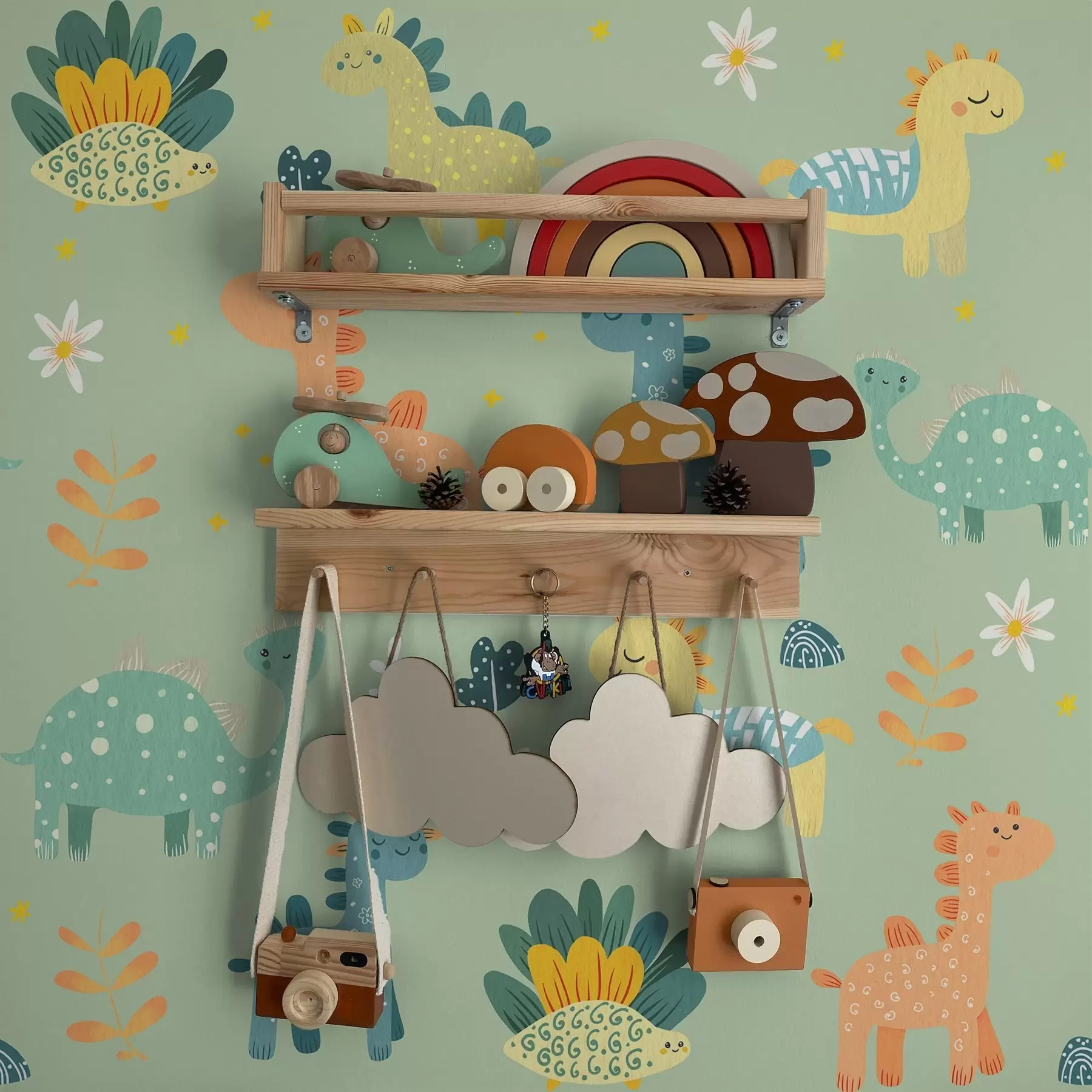 wall murals Смешни диносауруси у мекој зеленој палети на светлој позадини a00125v1