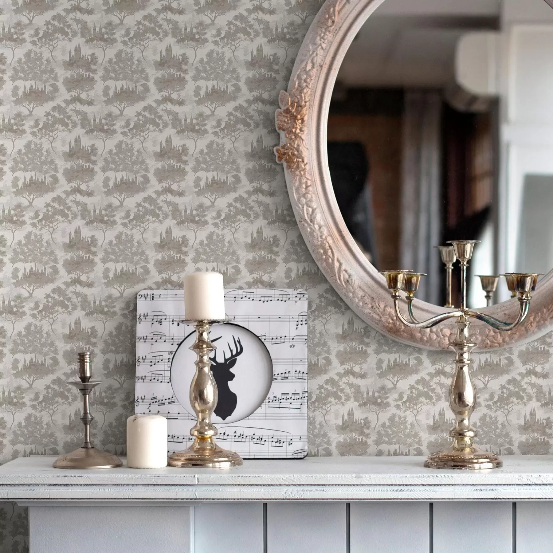 wall murals Дворац у шуми у сивом и беж стилу a00130