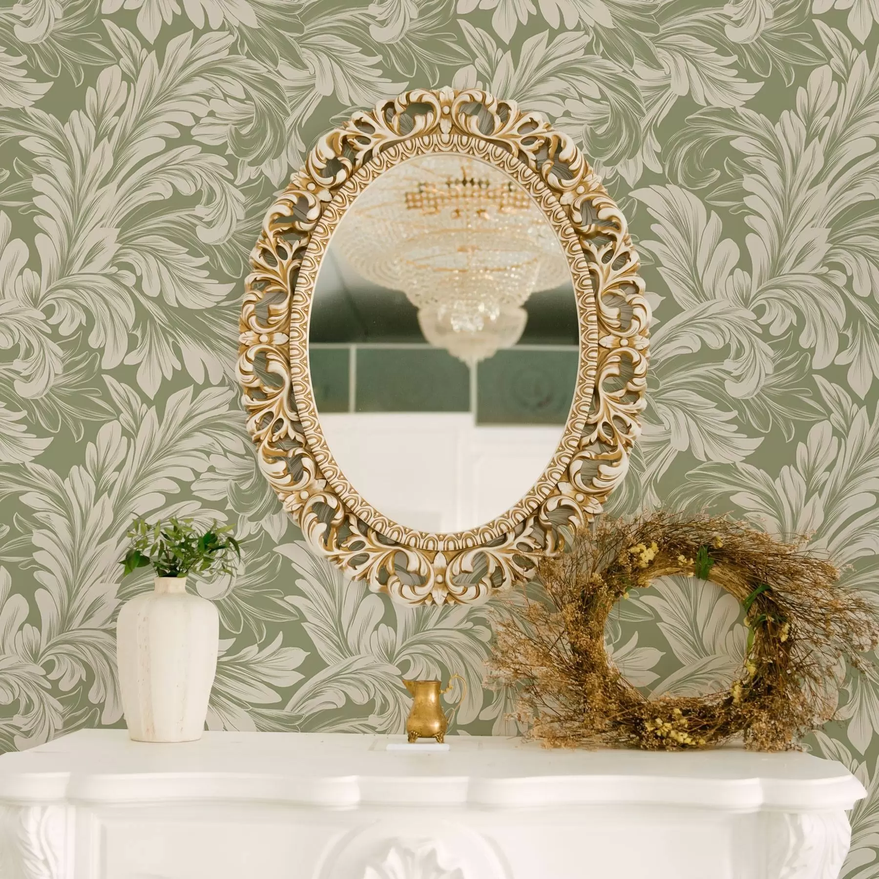 wall murals Барок са крем лишћем на зеленој позадини a00135