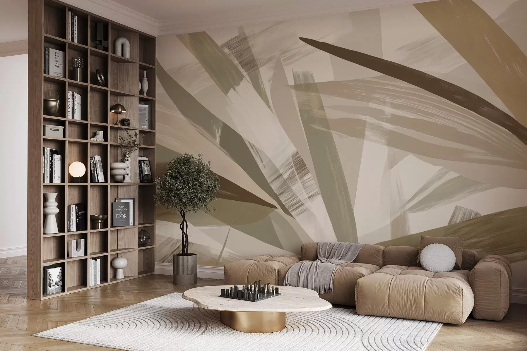 wall murals Апстрактни листови у зеленим и беж тоновима w09091