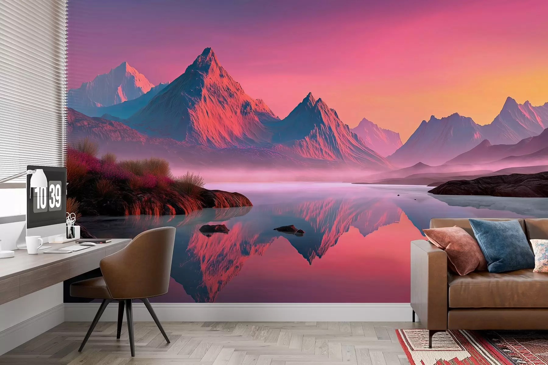 wall murals Романтичан пејзаж заласка сунца са реком и планинама у ружичастим нијансама w09093