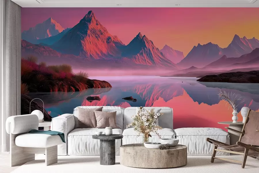 wall murals Романтичан пејзаж заласка сунца са реком и планинама у ружичастим нијансама w09093