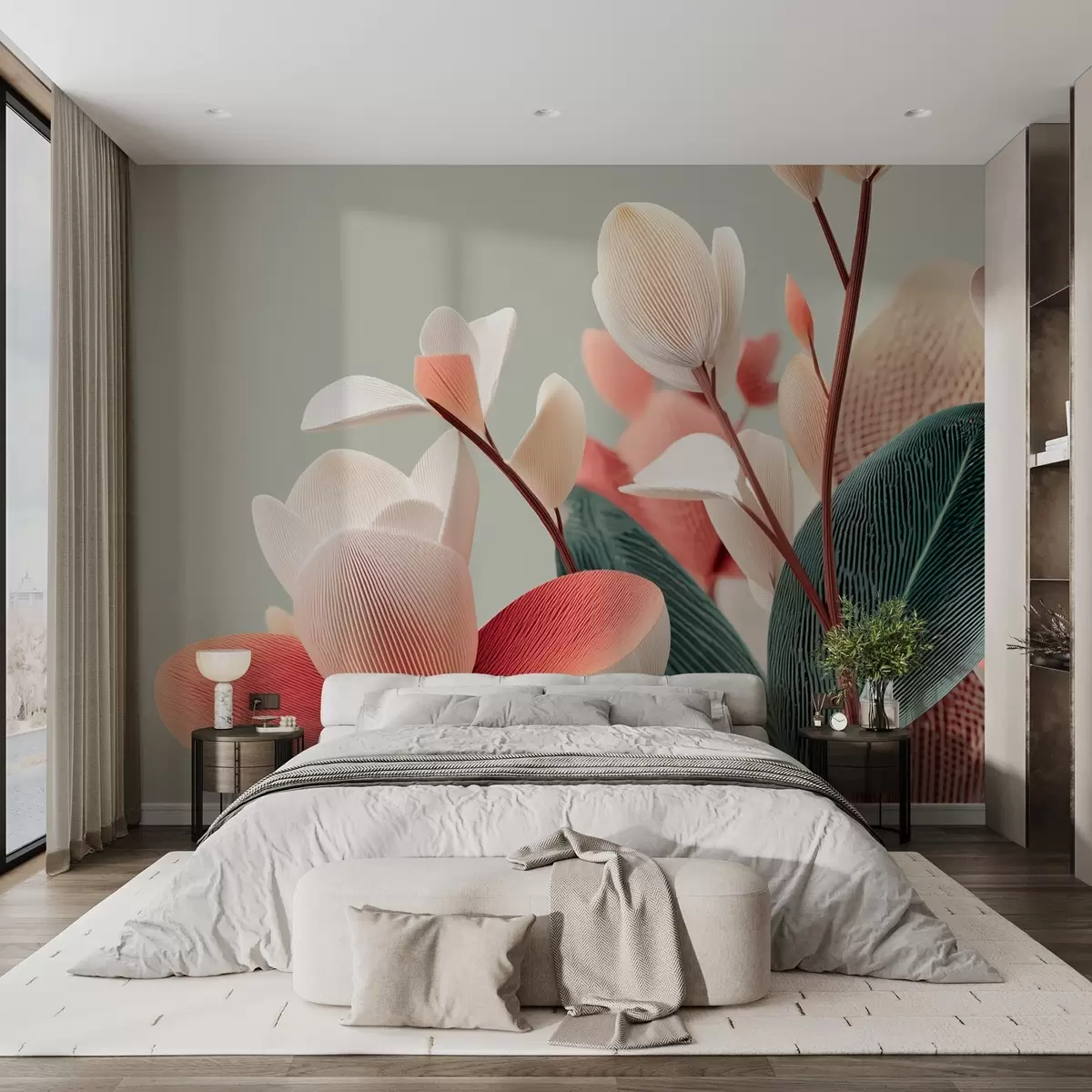 wall murals Текстурирано цвеће и лишће у пастелним и зеленим тоновима w09094