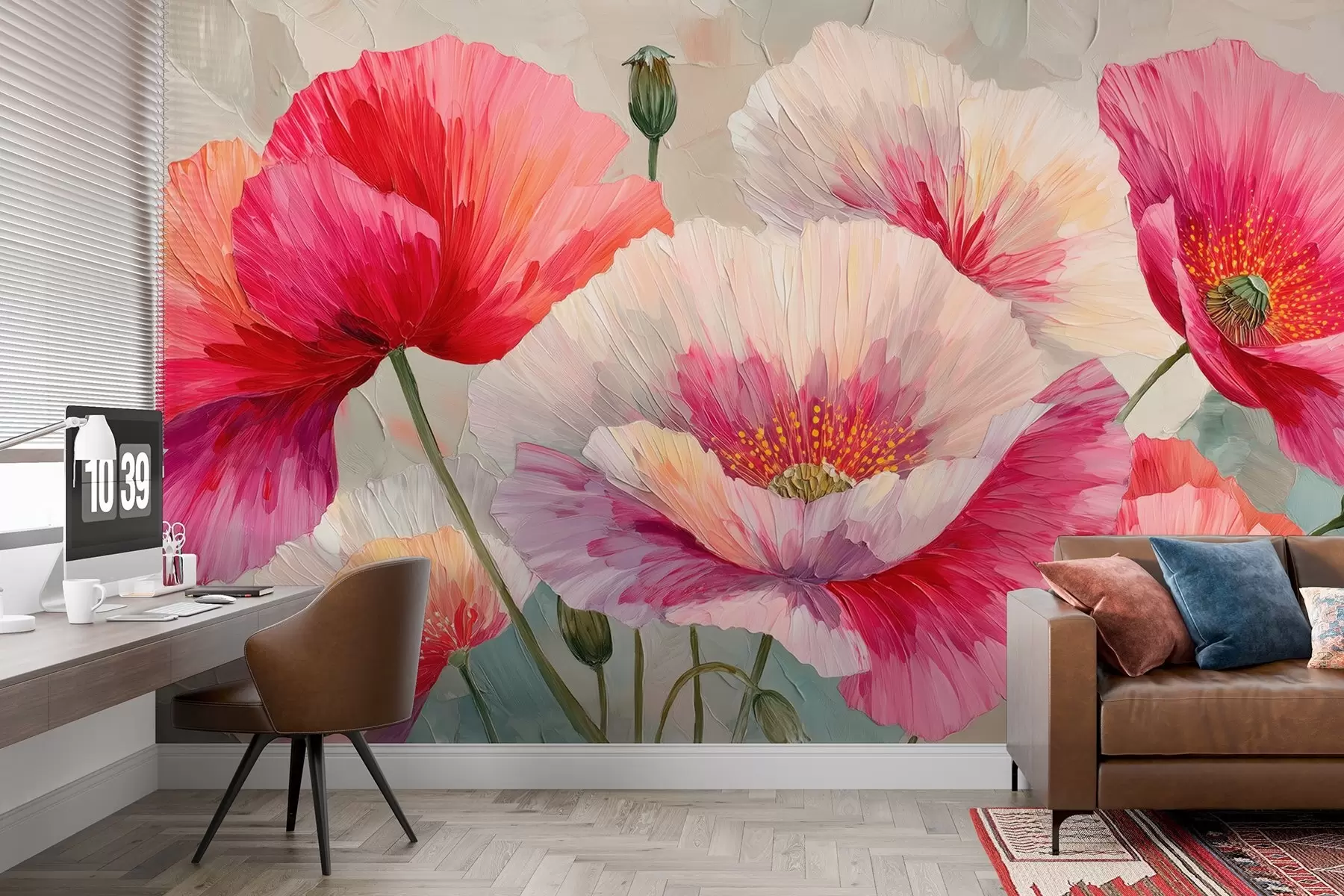 wall murals Бели и црвени макови у стилу уљаних слика са смелим потезима четкице w09097