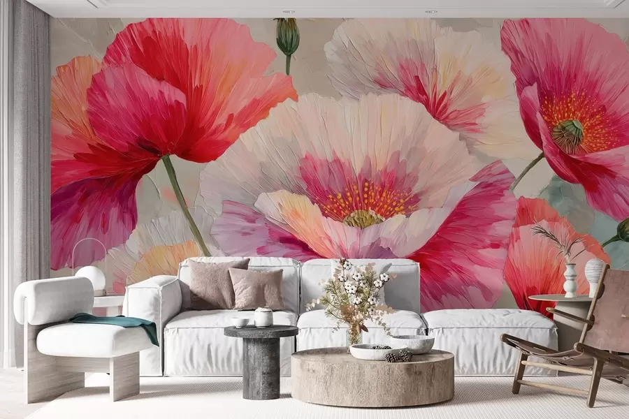 wall murals Бели и црвени макови у стилу уљаних слика са смелим потезима четкице w09097