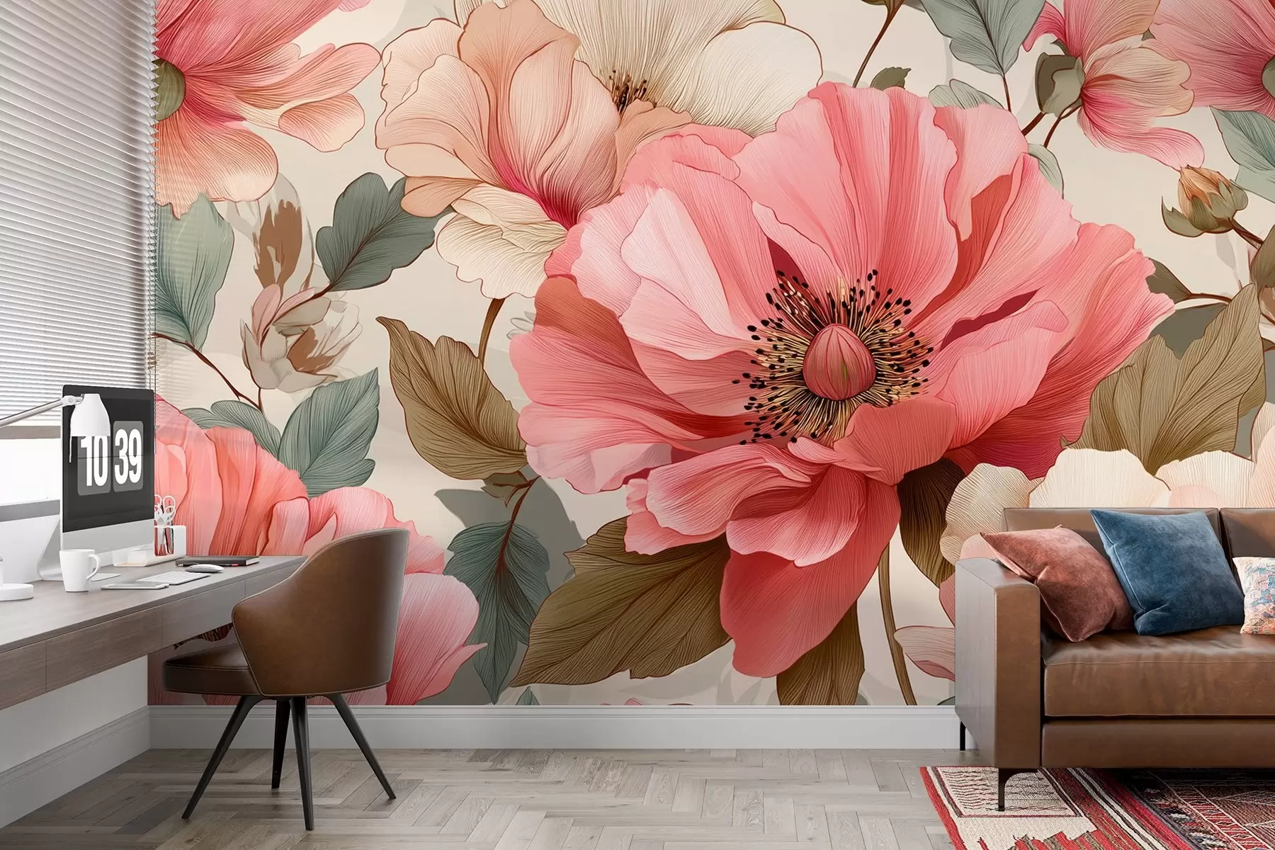 wall murals Нежни макови са листовима у црвено-ружичастим нијансама w09100