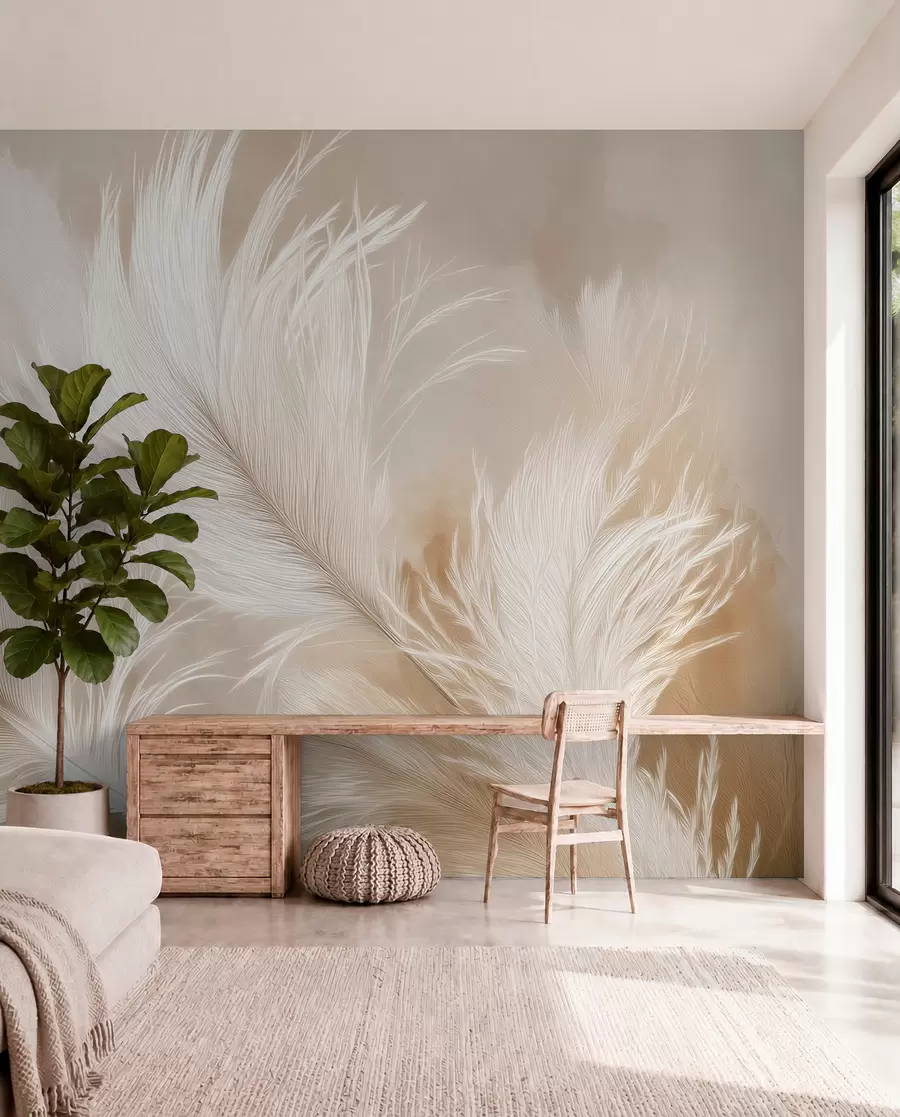 wall murals Летеће прозрачно перје на беж позадини w09102