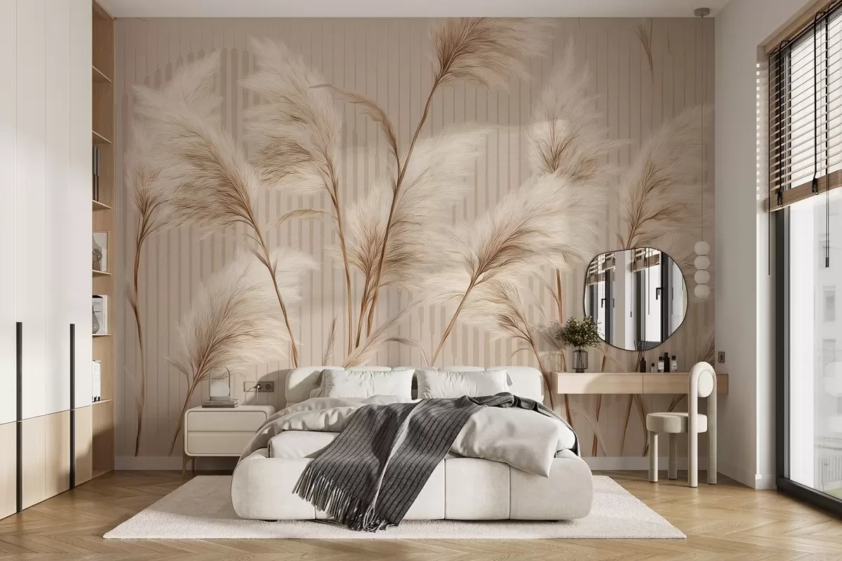 wall murals Пампас трава на позадини линија у беж тоновима w09104