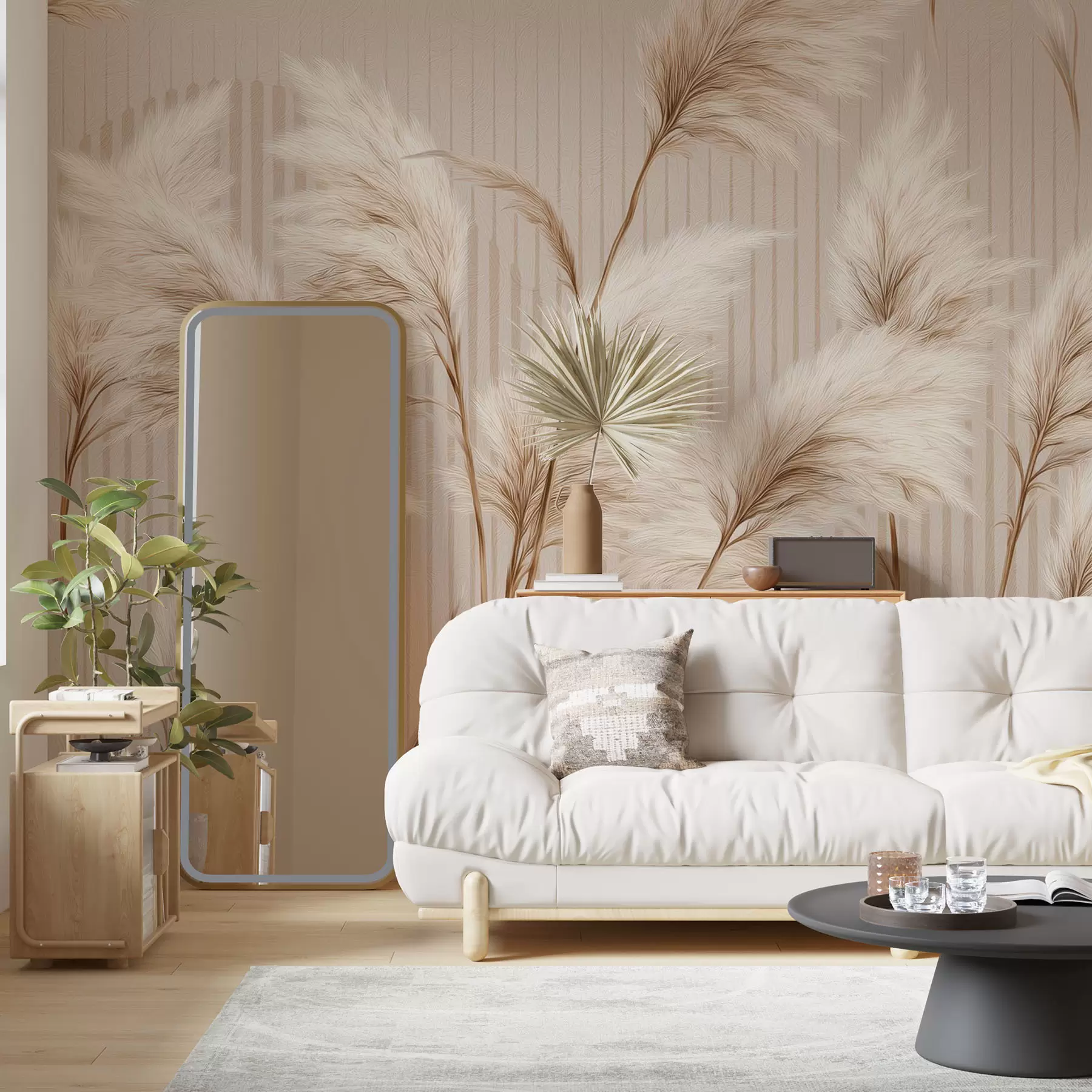 wall murals Пампас трава на позадини линија у беж тоновима w09104