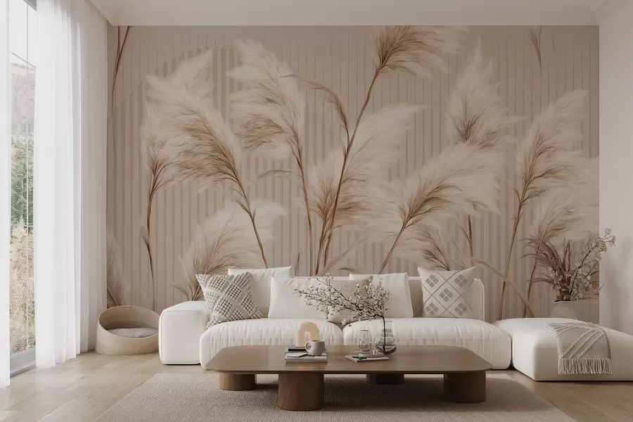wall murals Пампас трава на позадини линија у беж тоновима w09104