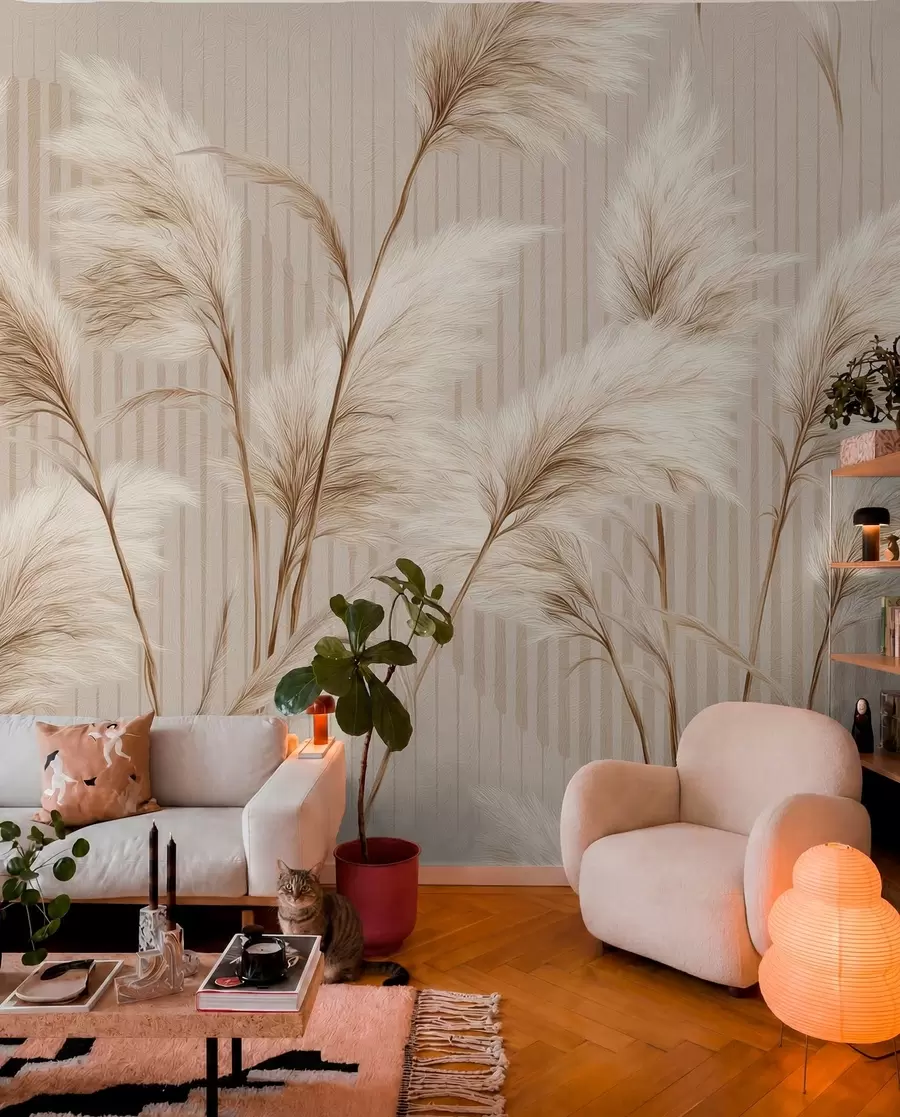 wall murals Пампас трава на позадини линија у беж тоновима w09104