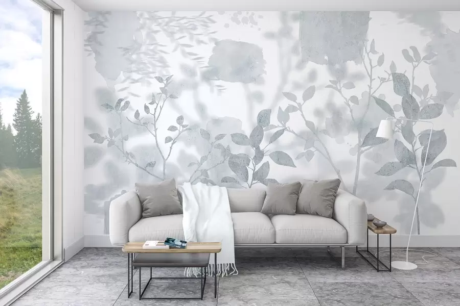 wall murals Силуете дрвећа, гране, природа, акварел, плаве боје w03911v2