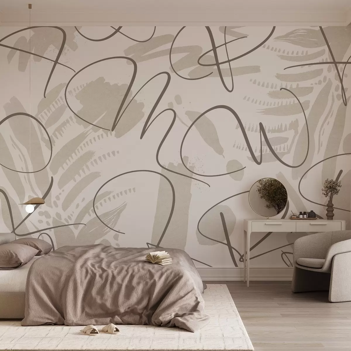 wall murals Калиграфска апстракција са словима, потези четкице, беж боја w03913