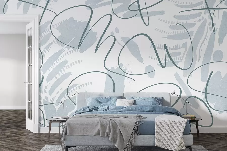 wall murals Калиграфска апстракција са словима, потези четкице, плава боја w03913v1