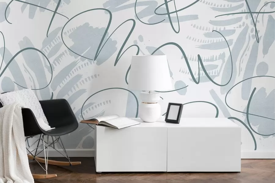 wall murals Калиграфска апстракција са словима, потези четкице, плава боја w03913v1