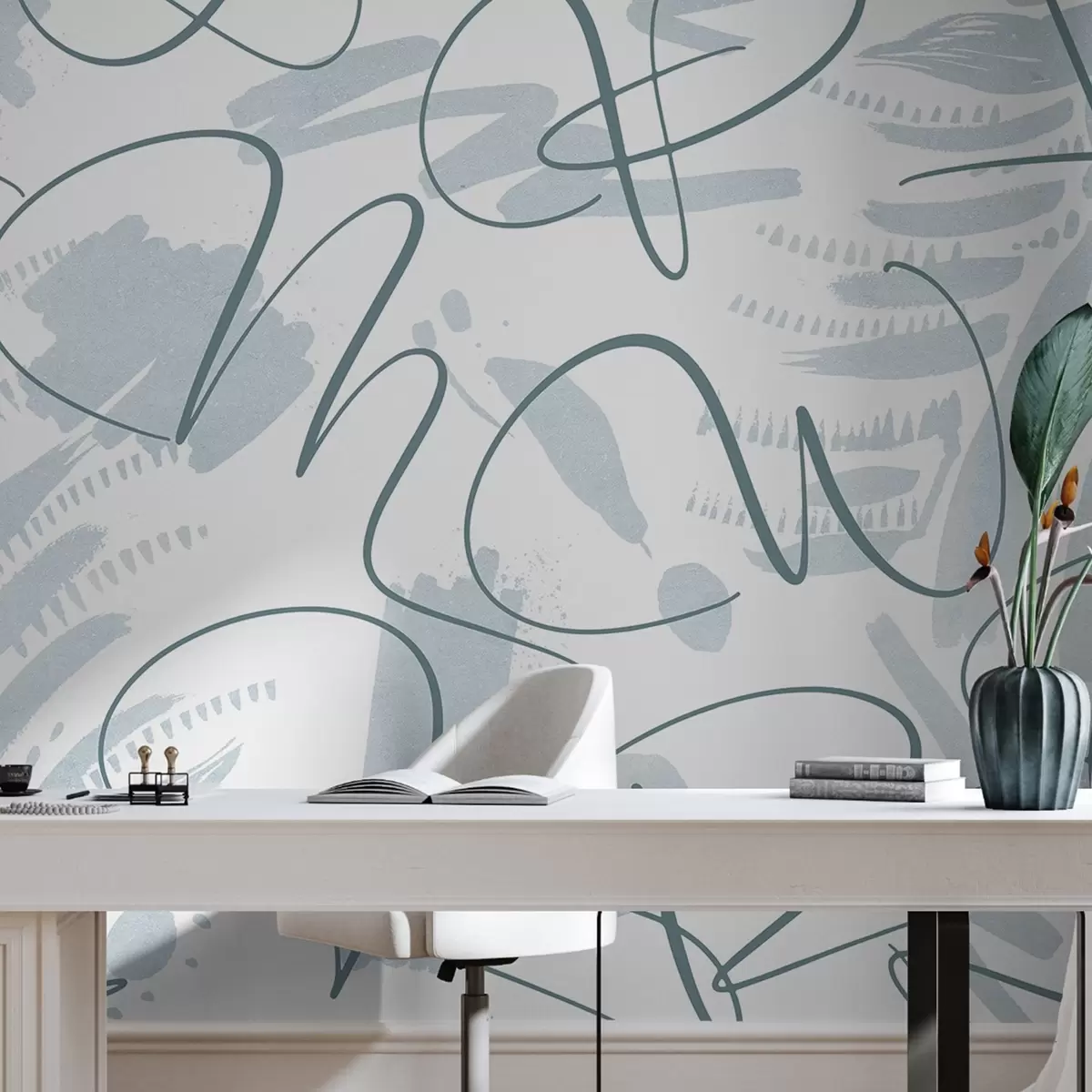 wall murals Калиграфска апстракција са словима, потези четкице, плава боја w03913v1