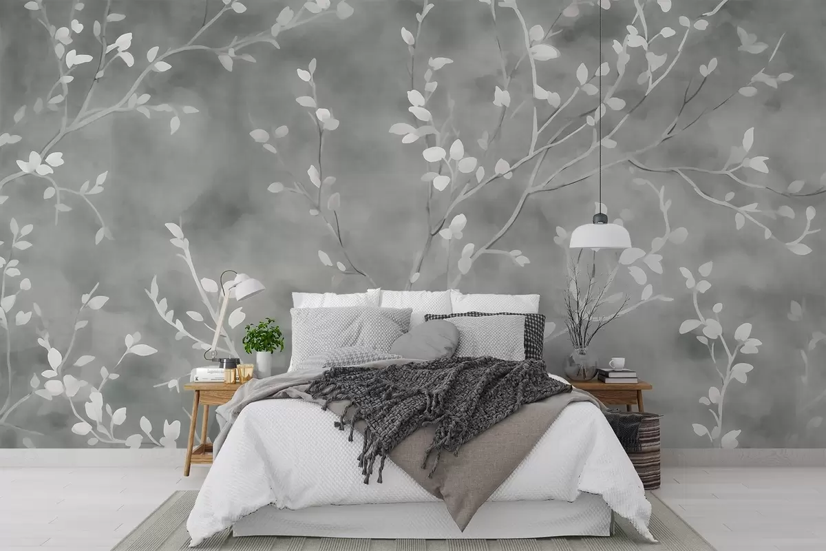 wall murals Минималистички ручно осликан дизајн тапета са меким белим гранама дрвећа са нежним листовима, које се органски гранају преко пригушене зелене позадине боје жалфије, фине ботаничке линије у природном току w03949v2