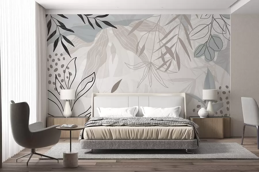 wall murals Апстрактни цветни модерни дизајн са пастелно беж, сивим, плавим и црним листовима, нежном линијском уметношћу и меком позадином  w09105