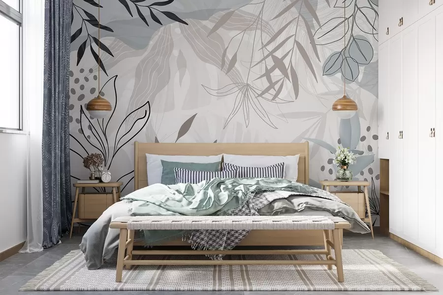 wall murals Апстрактни цветни модерни дизајн са пастелно беж, сивим, плавим и црним листовима, нежном линијском уметношћу и меком позадином  w09105