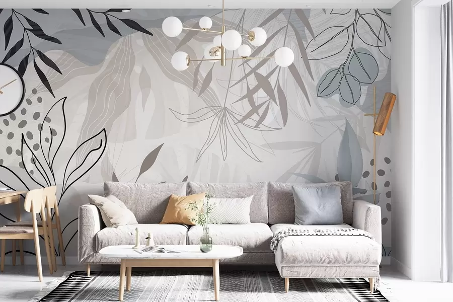 wall murals Апстрактни цветни модерни дизајн са пастелно беж, сивим, плавим и црним листовима, нежном линијском уметношћу и меком позадином  w09105