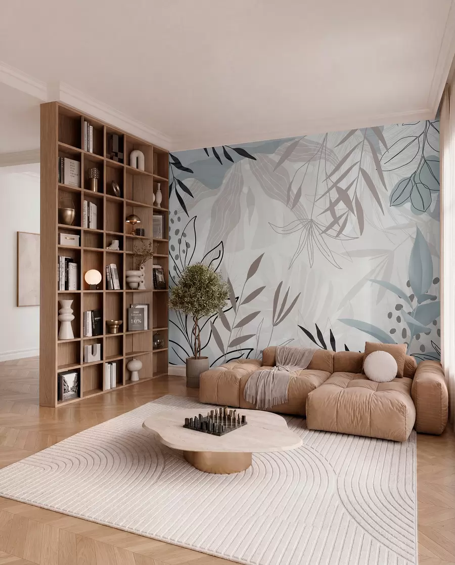 wall murals Апстрактни цветни модерни дизајн са пастелно беж, сивим, плавим и црним листовима, нежном линијском уметношћу и меком позадином  w09105