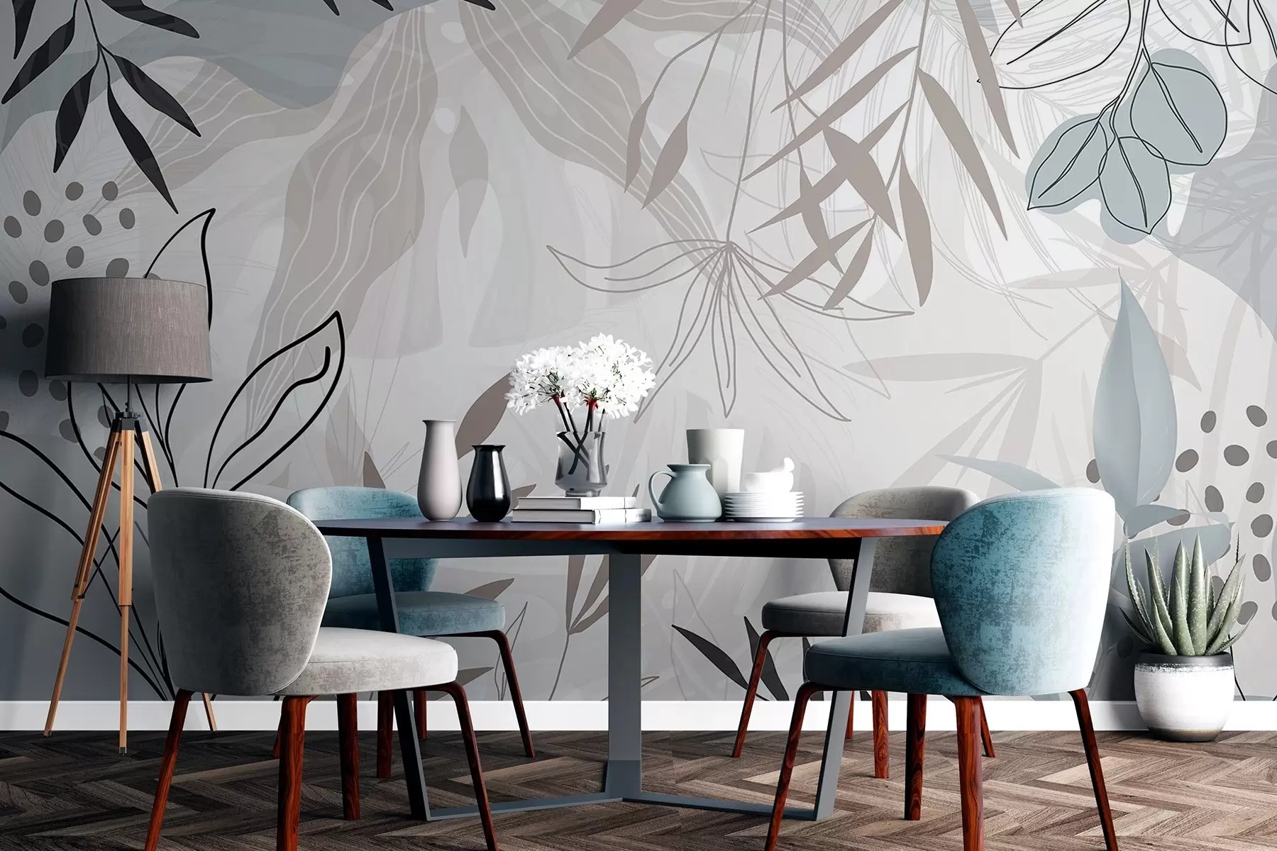 wall murals Апстрактни цветни модерни дизајн са пастелно беж, сивим, плавим и црним листовима, нежном линијском уметношћу и меком позадином  w09105