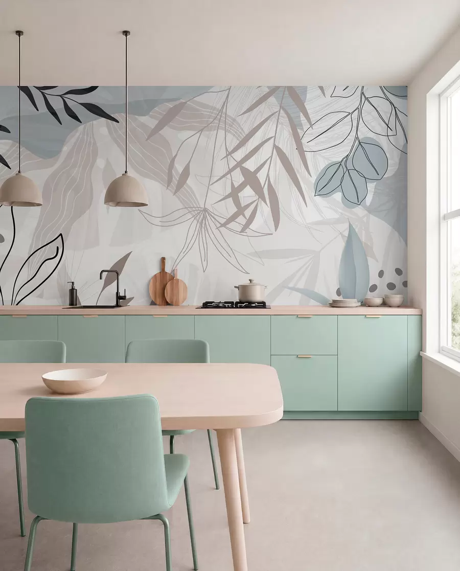 wall murals Апстрактни цветни модерни дизајн са пастелно беж, сивим, плавим и црним листовима, нежном линијском уметношћу и меком позадином  w09105