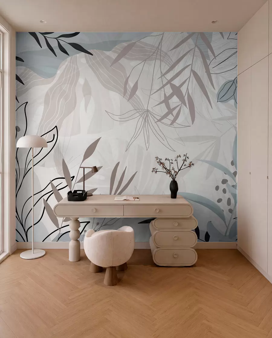 wall murals Апстрактни цветни модерни дизајн са пастелно беж, сивим, плавим и црним листовима, нежном линијском уметношћу и меком позадином  w09105