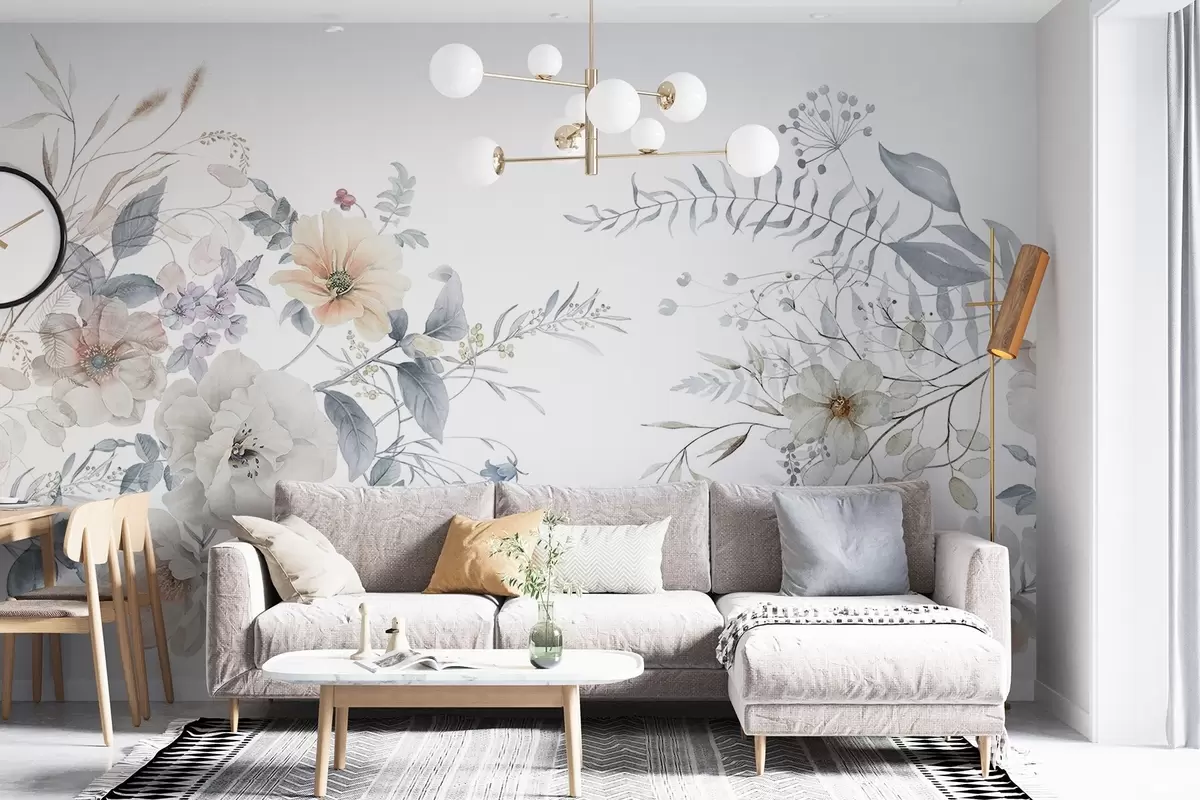 wall murals Цветни аранжман у стилу акварела са белим, бресквастим и плавим цвећем, нежним зеленилом на белој позадини w09108