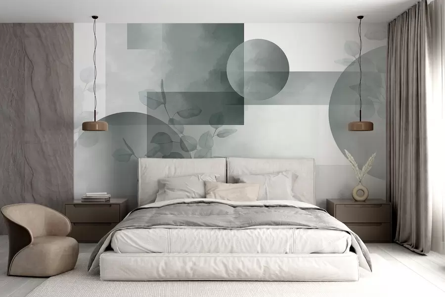 wall murals Апстрактни модерни минималистички геометријски дизајн са круговима и правоугаоницима, листовима еукалиптуса, ефектом акварела w09110
