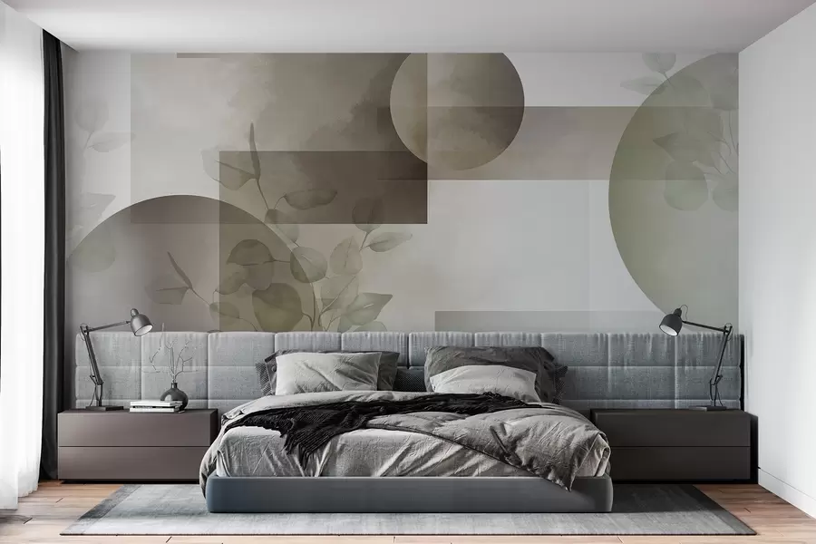 wall murals Апстрактни модерни минималистички геометријски дизајн са круговима и правоугаоницима, листовима еукалиптуса, ефектом акварела w09110v1