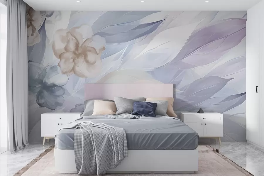 wall murals Нежно цвеће и листови у нијансама беле, плаве, љубичасте и беж цветне позадине, меке боје, нежне латице w09111