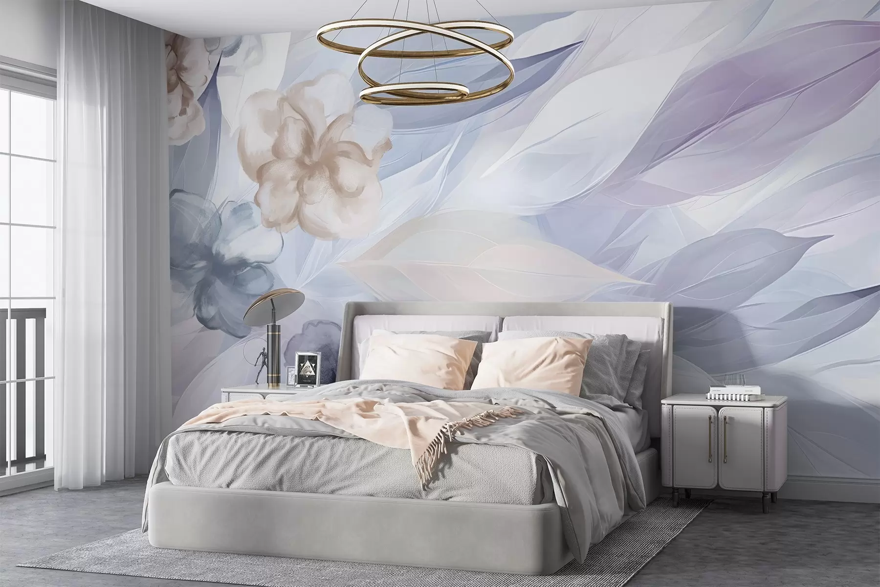 wall murals Нежно цвеће и листови у нијансама беле, плаве, љубичасте и беж цветне позадине, меке боје, нежне латице w09111