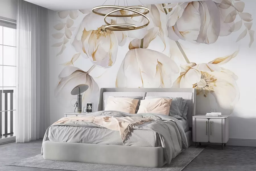 wall murals Бели тулипани са жутим тучковима, нежне латице, елегантан цветни аранжман, нежна композиција, на белој позадини w09112