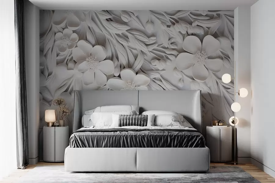 wall murals Бело цвеће и лишће на белој позадини, елегантан цветни, декоративни дизајн, замршени детаљи w09113