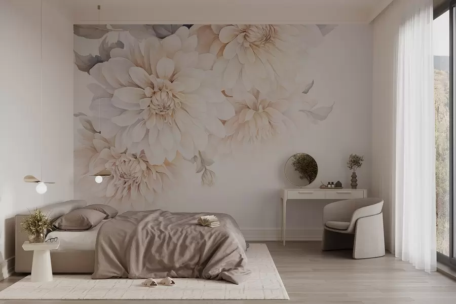 wall murals Пастелне далије са меким, нежним латицама брескве и беле боје у акварел стилу, мека позадина w09115