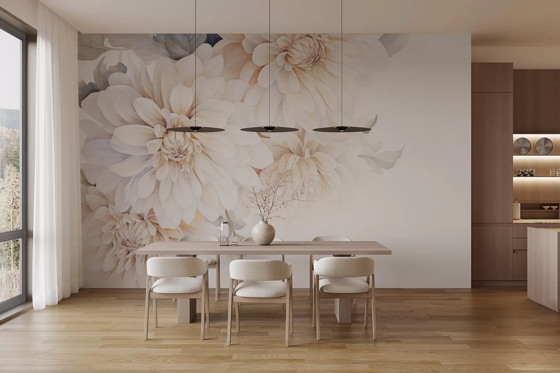 wall murals Пастелне далије са меким, нежним латицама брескве и беле боје у акварел стилу, мека позадина w09115