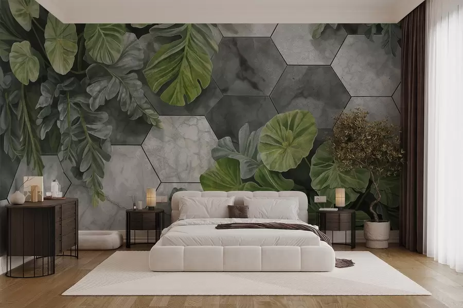 wall murals Зелено тропско лишће и биљке на позадини сивих и белих текстурираних плочица, бујно лишће модерног дизајна  w09117