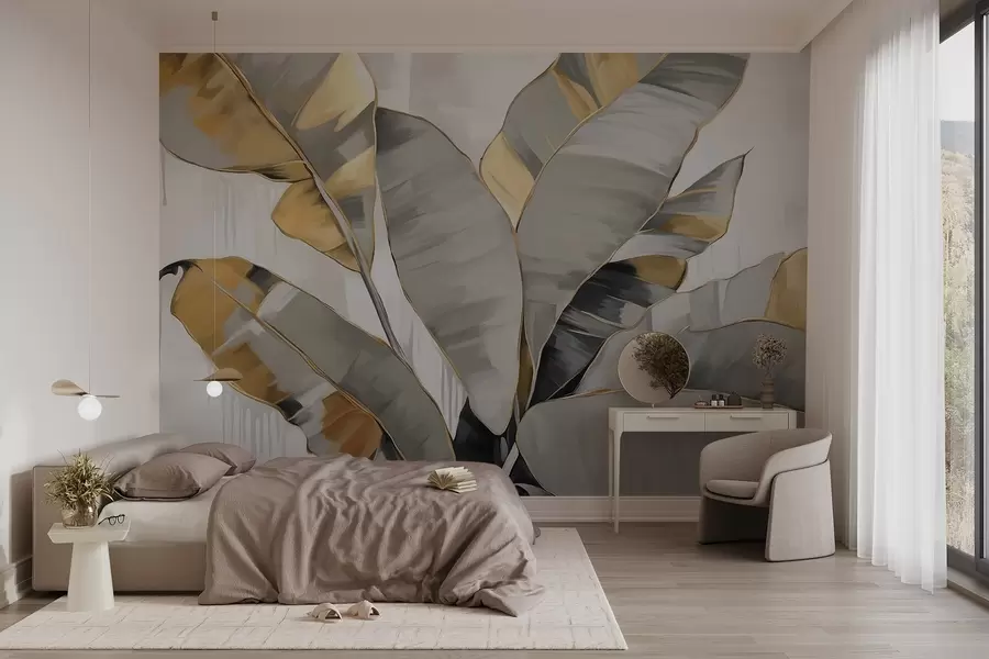 wall murals Тропски текстурирани листови банане са сивим и жутим тоновима, модеран стил, неутрална позадина, декоративно сликање w09118