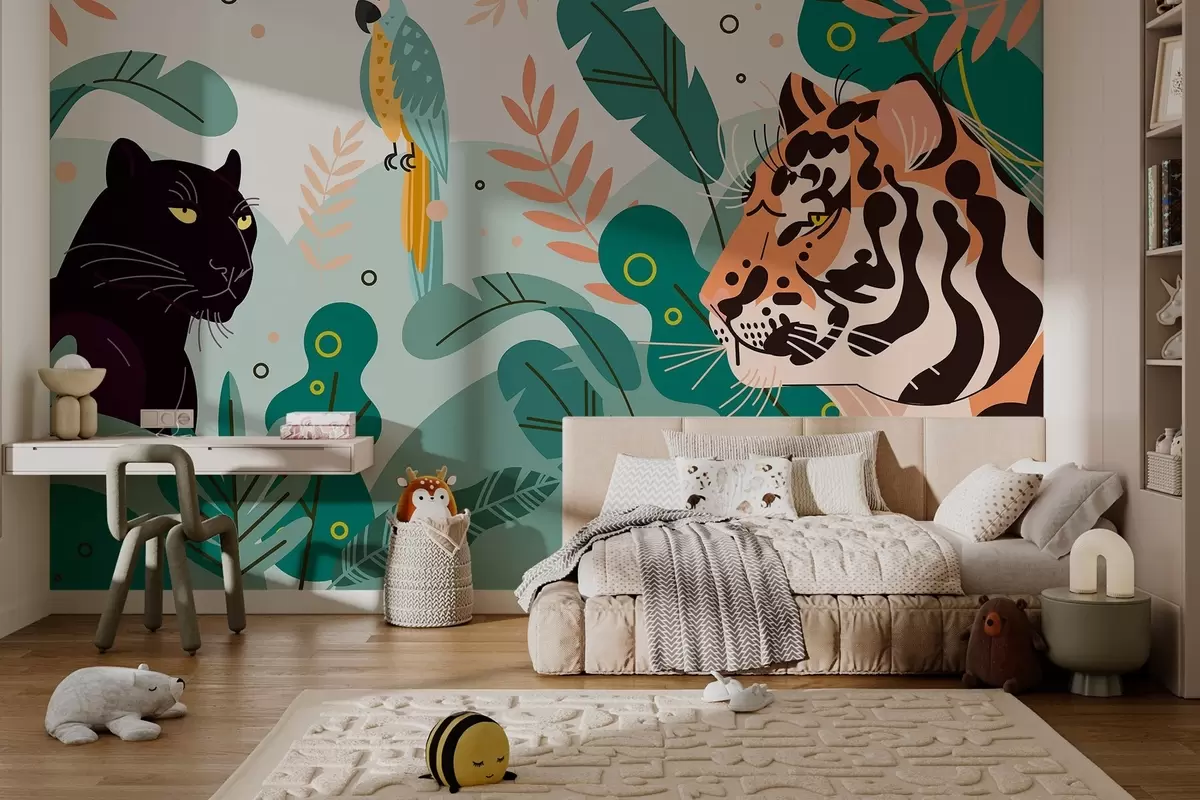 wall murals џунгла са тигром, пантером и папагајем w03958