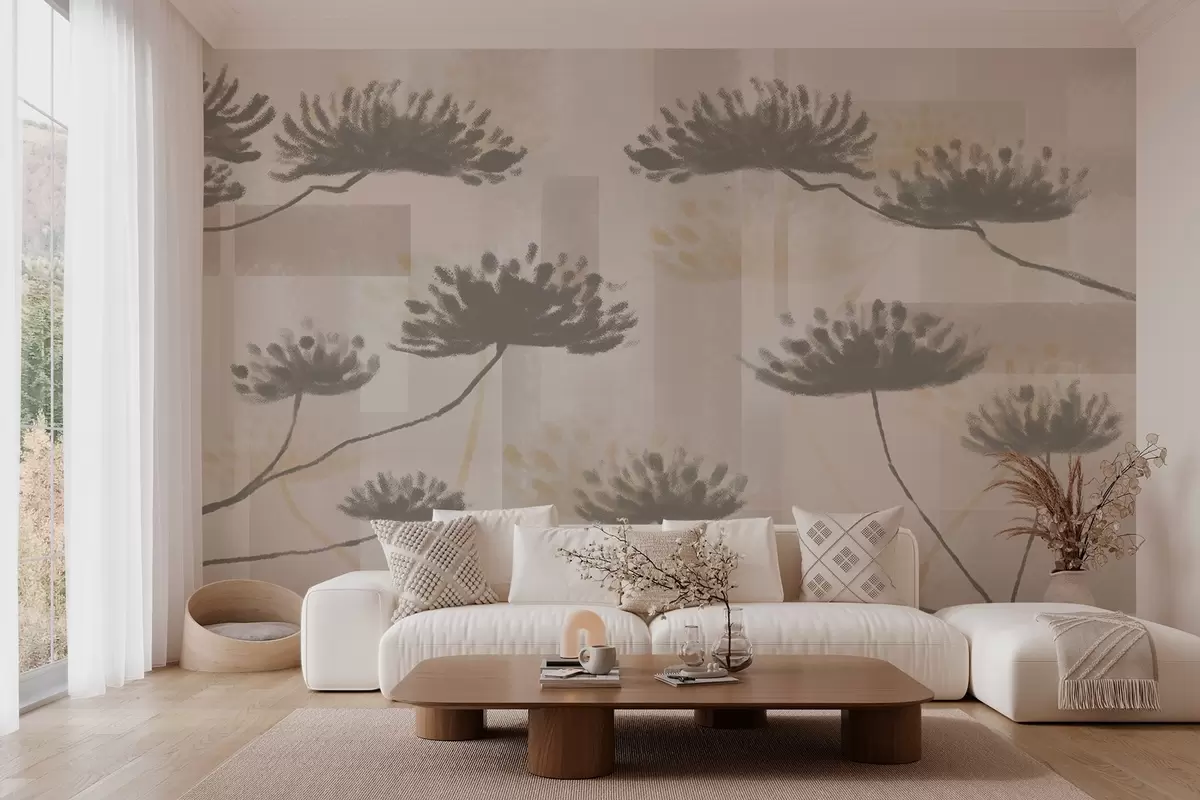 wall murals текстурирана геометрија у беж и крем тоновима са стилизованим кишобранским цветовима w03960