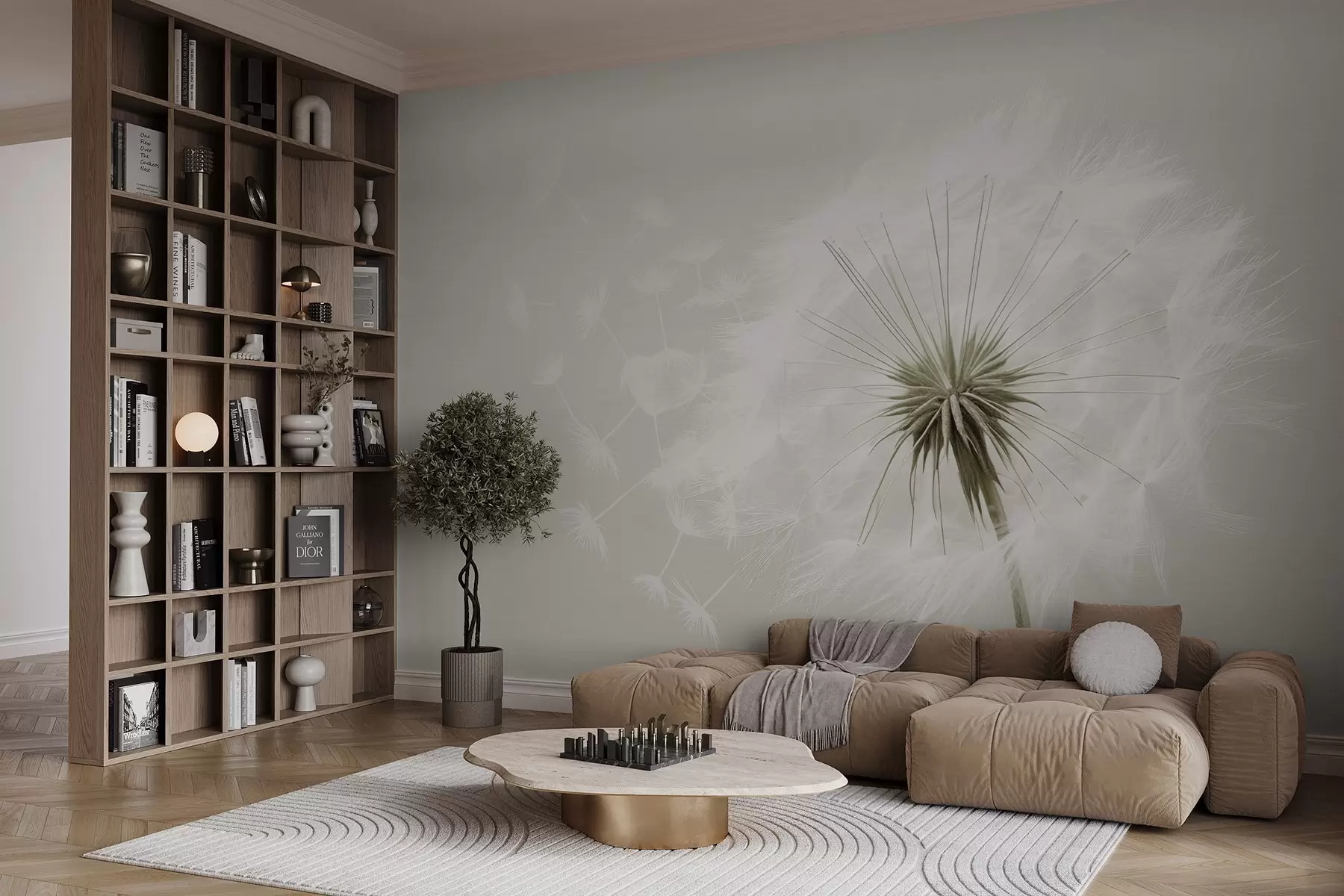 wall murals Модерна нежна цветна композиција са потпуно расцветалом главом маслачка и плутајућим семенкама, уз нежну текстуру сличну текстилу w03939v1