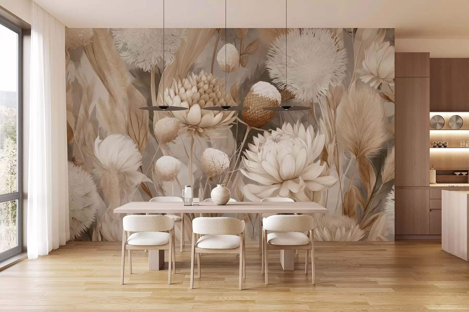 wall murals Бохо хармонија: Текстурирано цвеће у беж и крем тоновима w09121