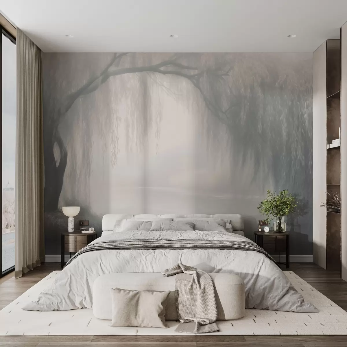 wall murals Мистична врбова обала у јутарњој магли w03995