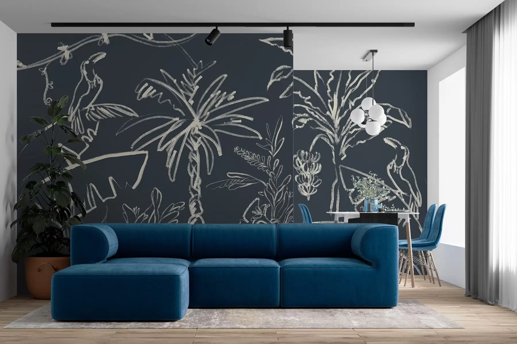 wall murals Тропски узорак на тамноплавој позадини, палме, банане w04020v4